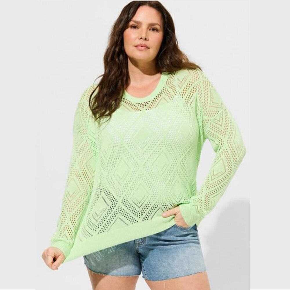 Torrid - Pointelle Pullover Long Sleeve Sweater in Paradise Green​​​​​​​
